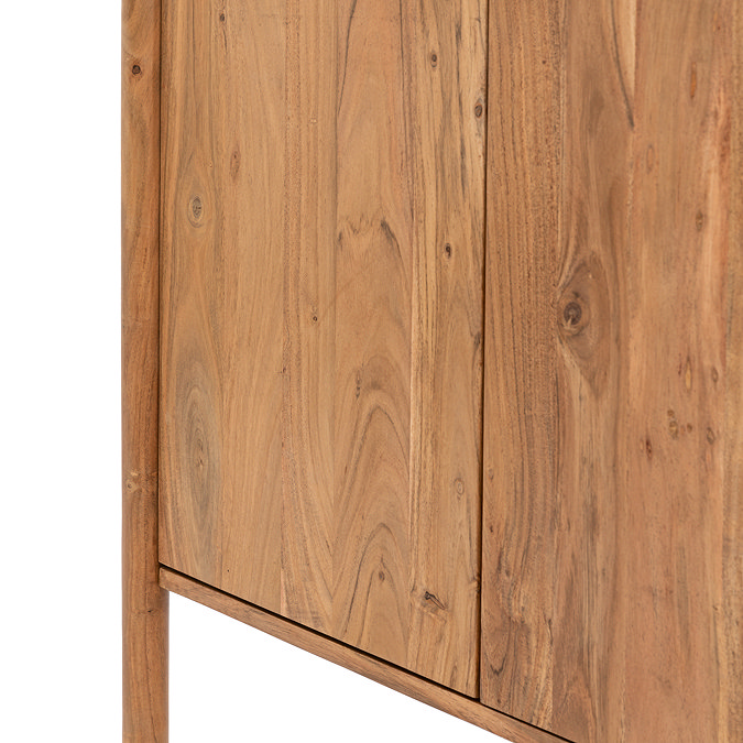 close up image on bottom of acacia wood sideboard
