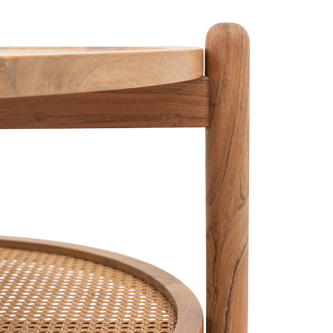 close up cut out image of round acacia wood coffee table with rattan lower shelf