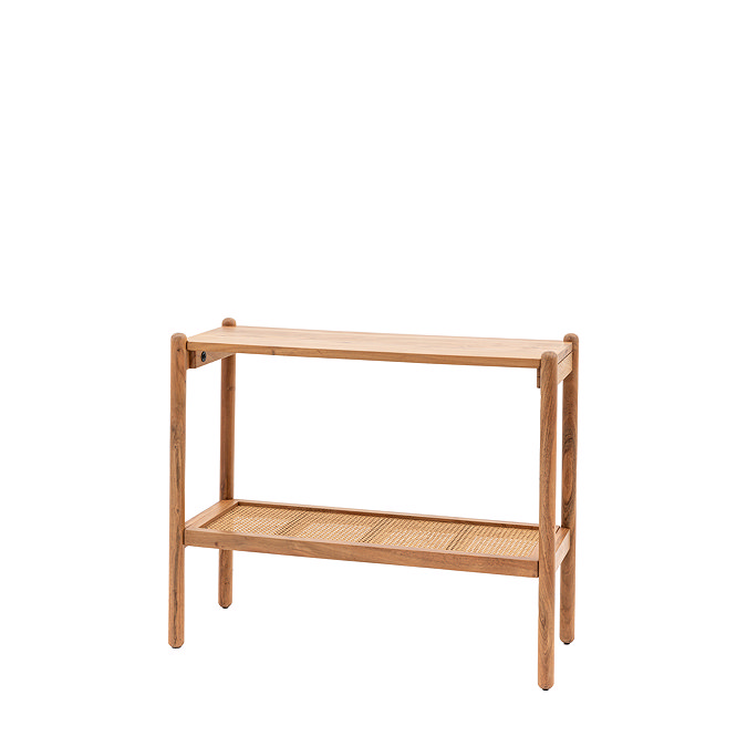 cut out image of acacia wood console table with rattan lower shelf