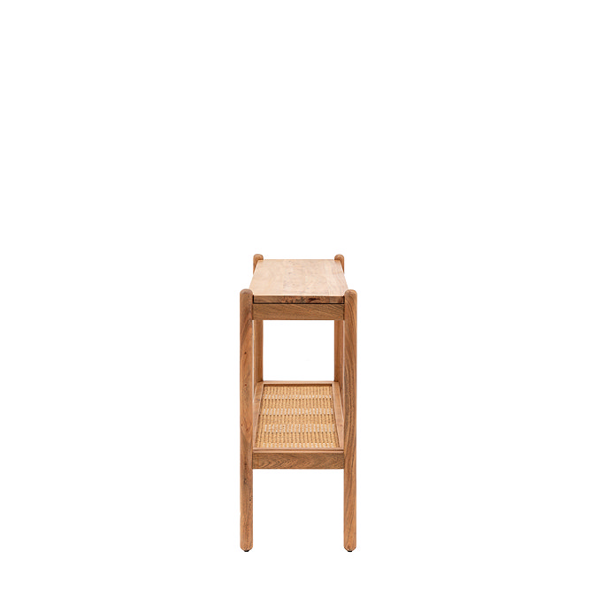 side on cut out image of acacia wood console table with rattan lower shelf