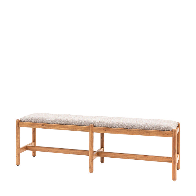 cut out on white background of acacia wood dining bench with boucle seat
