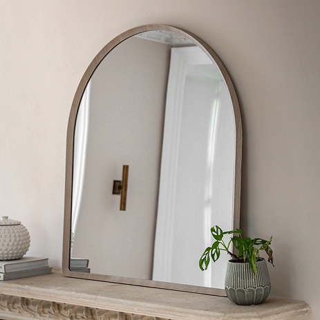 image of soft grey arched overmantle mirror