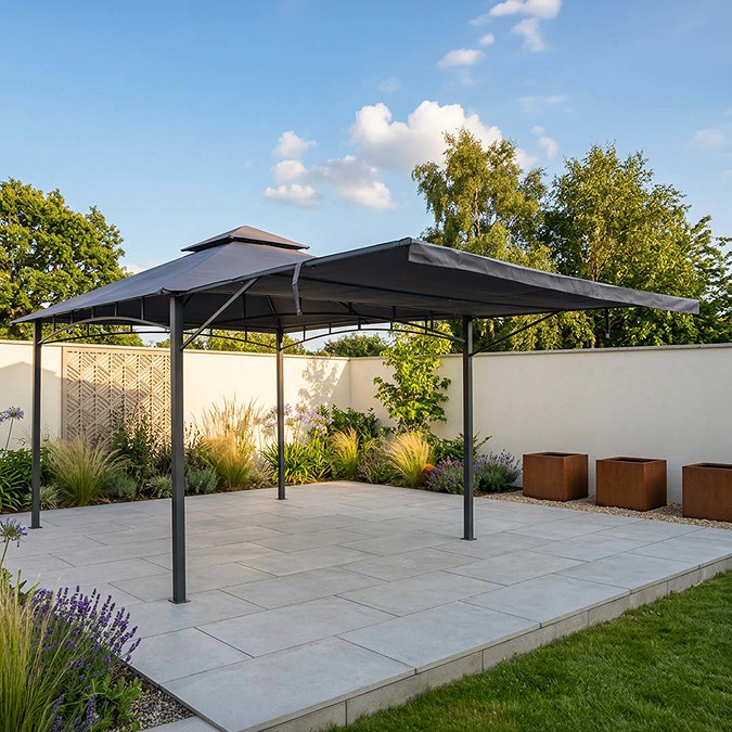 image of grey steel gazebo with side lifted up to create extended roof