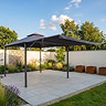 image of grey steel gazebo with side lifted up to create extended roof