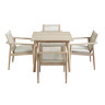image cut out on white background of four acacia wood chairs around square dining table
