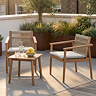 side on image of classic wooden bistro chairs and table, lit by sun and half in shade on a balcony