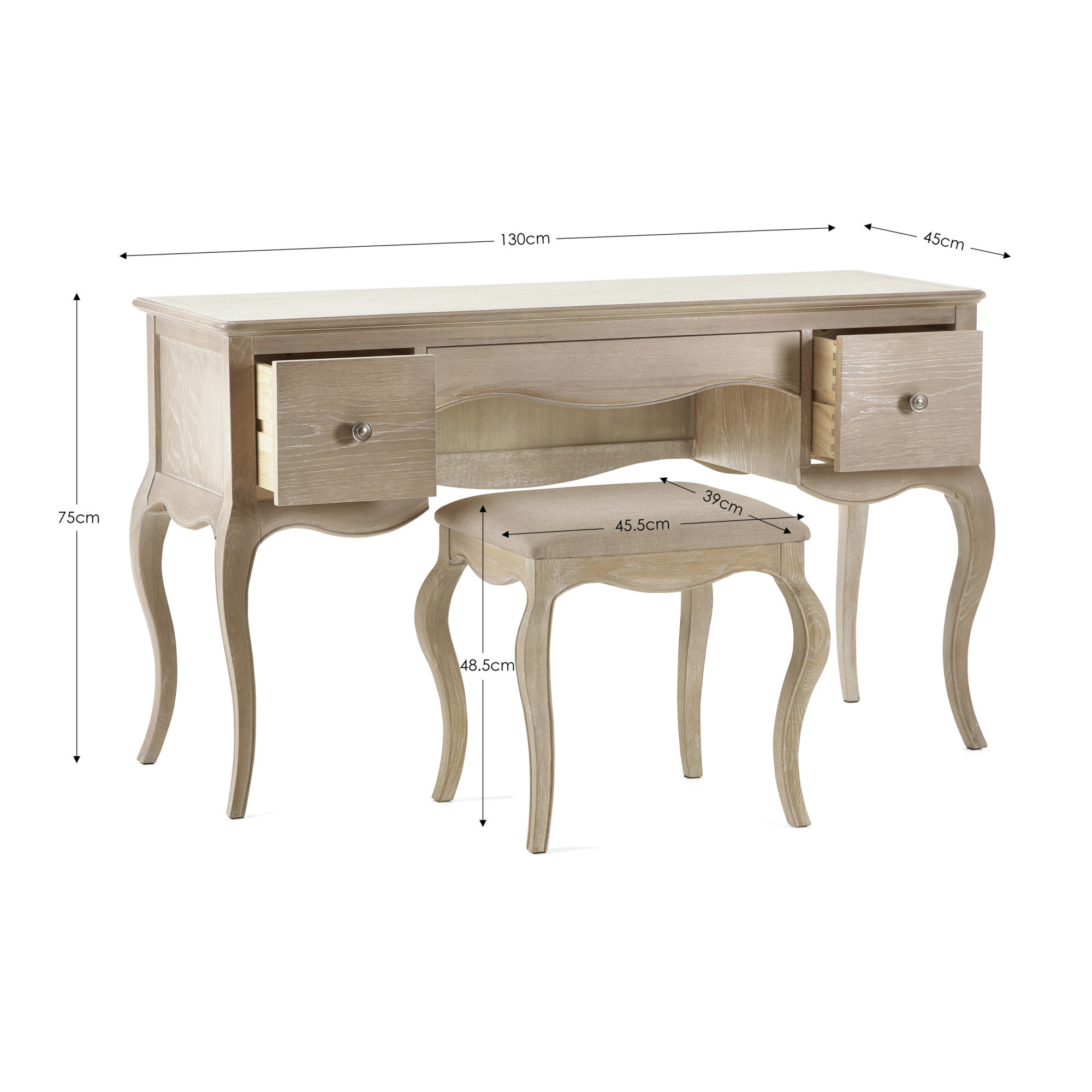 dimensions image of amelie dressing table, cut out on white background with arrows