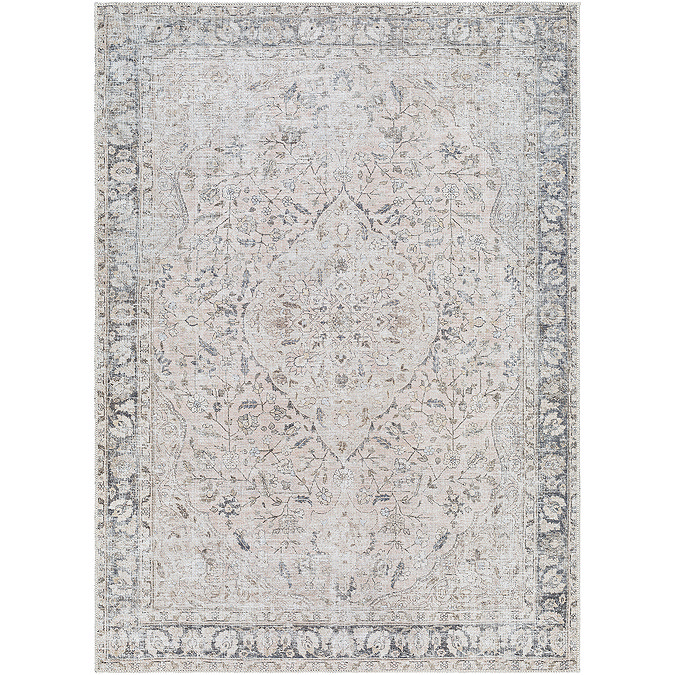 image cut out on white background of grey and blush floral rug