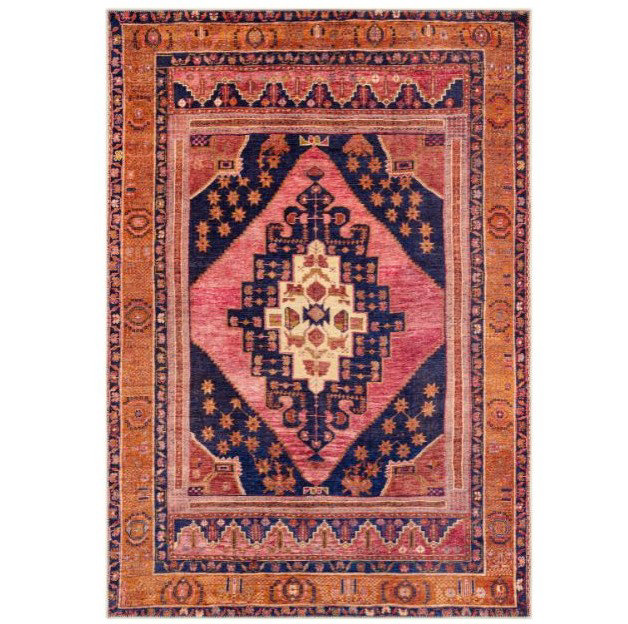image cut out on white background of dark orange, red and navy boho rug
