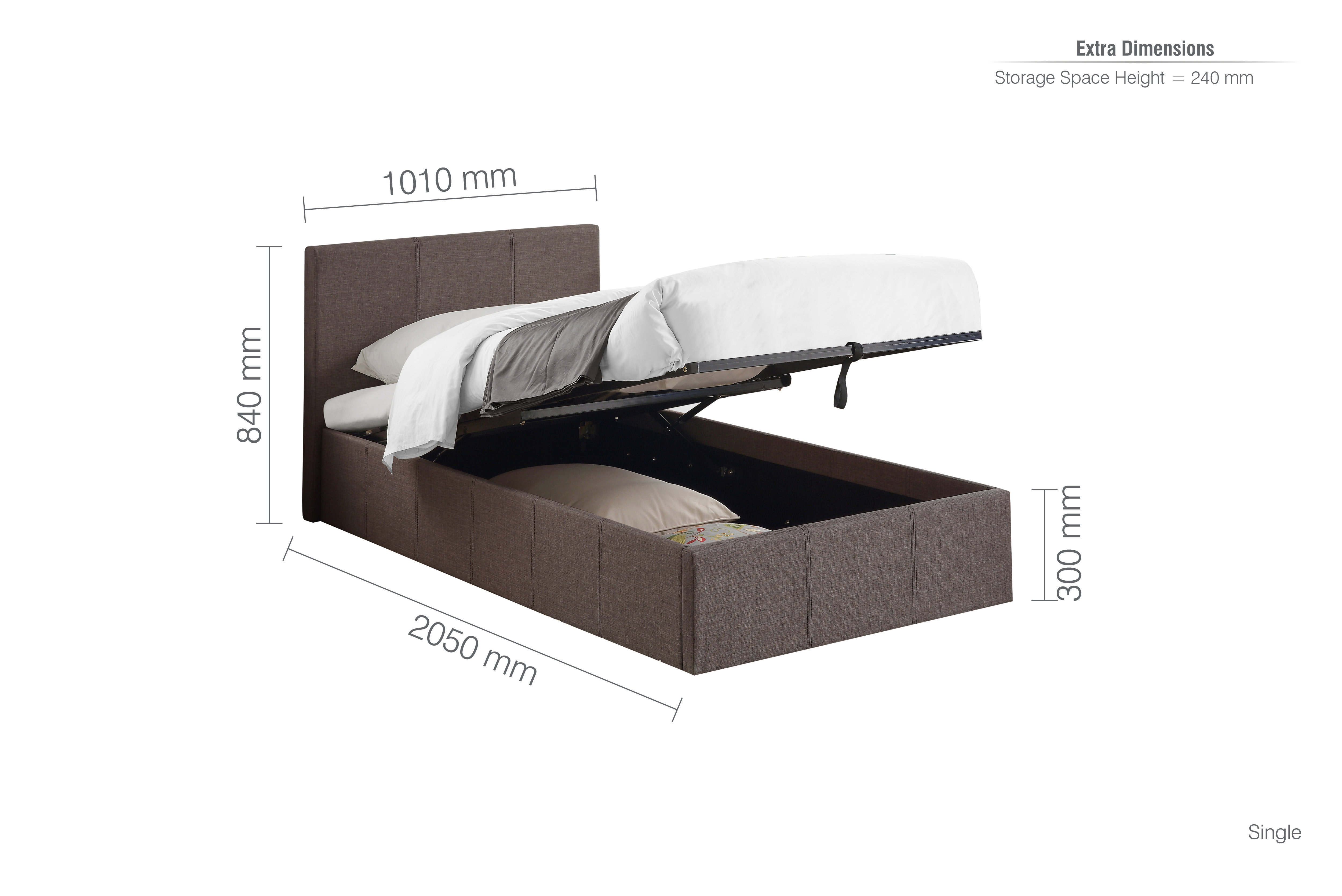 image cut out on white background of grey fabric ottoman bed with black arrow line dimensions to show size