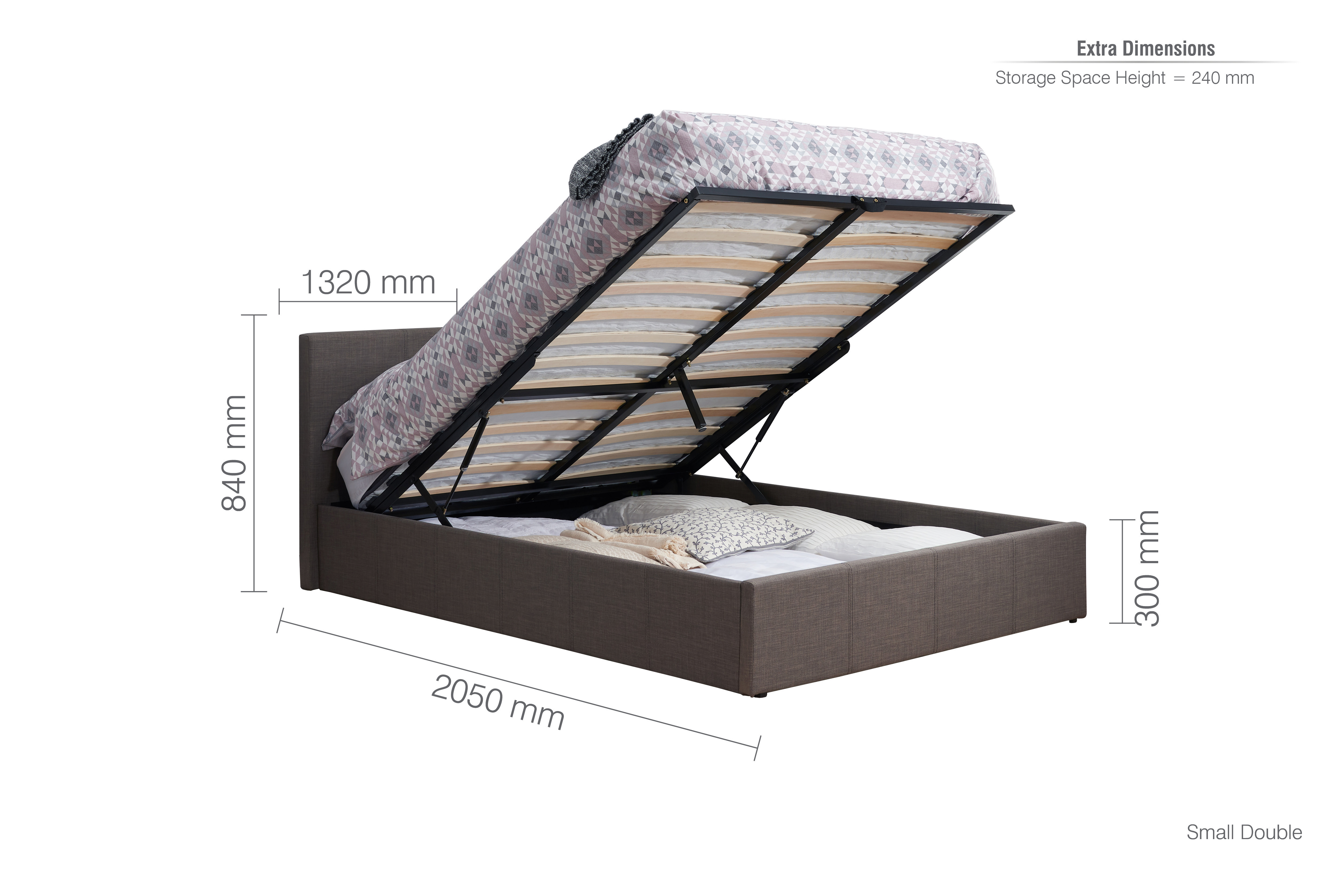 image cut out on white background of grey fabric bed with black arrow line dimensions to show size