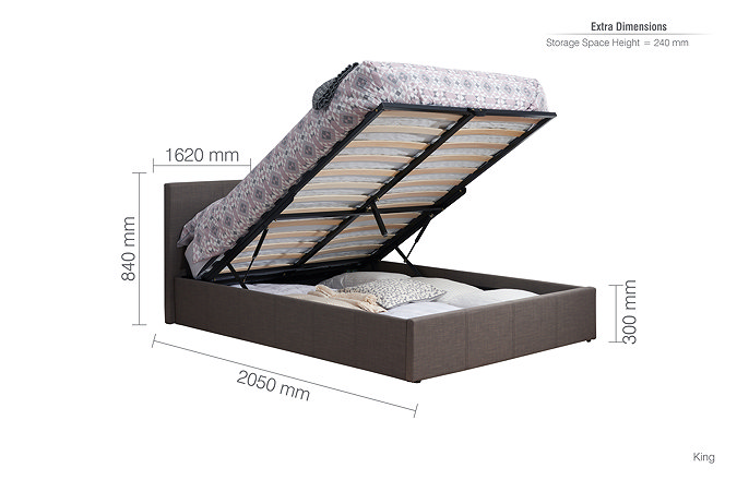 image cut out on white background of king size grey ottoman bed with black arrow line dimensions to show size