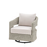 cut out of wicker garden chair with swivel base and plush cream cushion