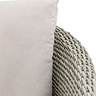 close up image of grey wicker garden chair with plush cream back cushion