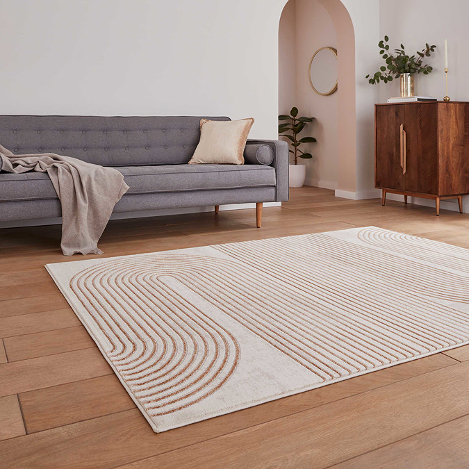 angled image of large rug in front of grey sofa on light wooden apartment floor