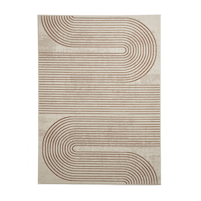 image cut out on white background of large grey rectangular rug with bronze lined geometric pattern