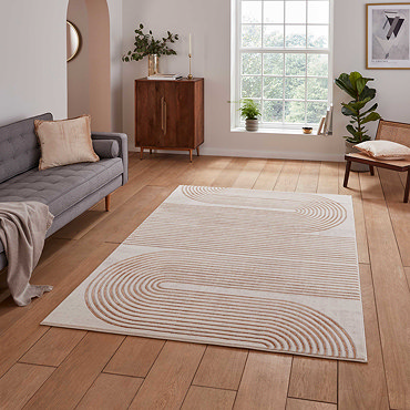 angled image of large rug in front of grey sofa on light wooden apartment floor