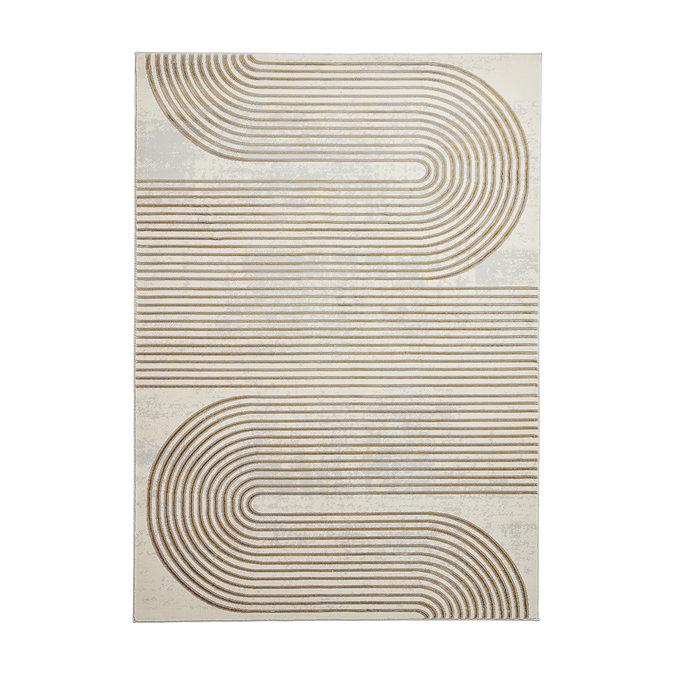 image cut out on white background of large rectangular grey rug with gold swirl pattern on