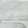 close up on green pattern of grey-green rug, highlighting thin weave lines