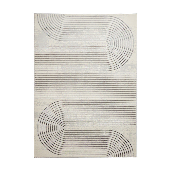 image cut out on white background of large grey rug with ivory geometric swirl detailing