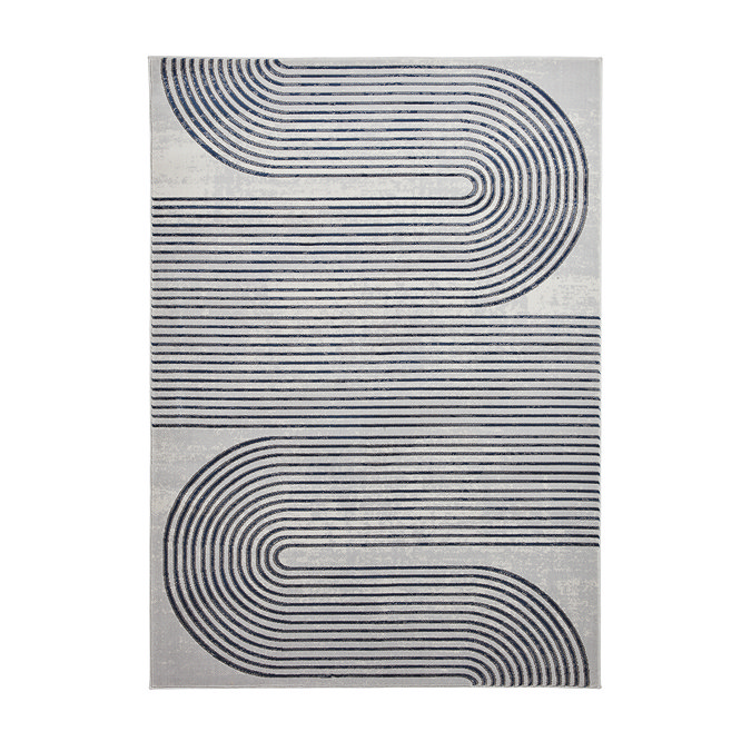 image cut out on white background of rectangular grey rug with navy swirl pattern