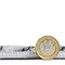 image cut out on white background of grey-blue rug next to a pound coin stood up to show rug as half the height of the coin