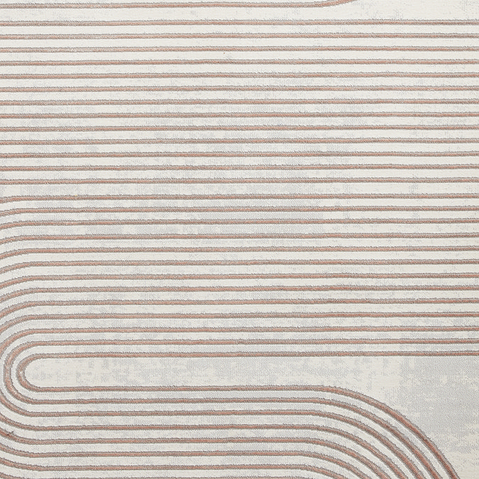 close up image of rose coloured line weave of grey rug