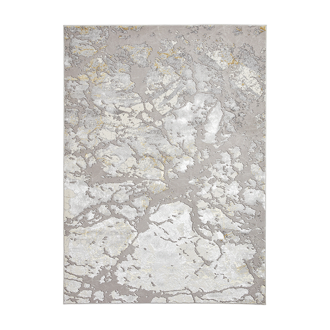 image cut out on white background of rectangular grey and gold marble effect rug