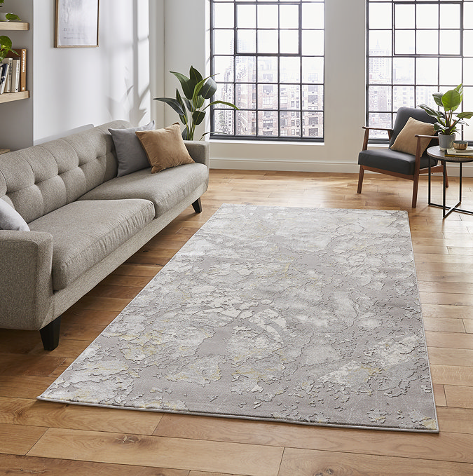 image of large rectangular rug grey gold on a wooden living room