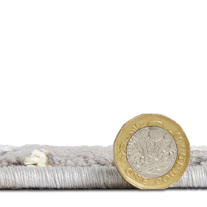 image cut out on white background of grey rug with pound coin stood up by its edge to indicate rug at half the coin's height