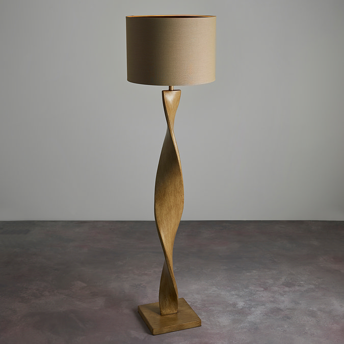 image of tall floor lamp with twisted wooden body and linen shade