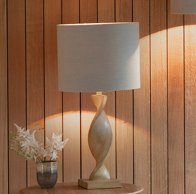 table lamp with twisted woof effect body and natural coloured linen shade