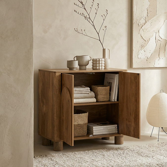 image of mango wood effect 2 door sideboard with doors open to show items stored within