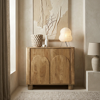 image of mango wood arched two door sideboard with lamp on top