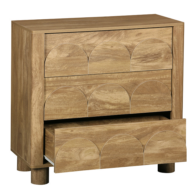 cut out image of arch mango effect 3 drawer chest with lower drawers open