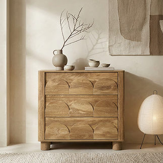 image of three drawer chest in mango wood effect with geometric arches on front of drawers