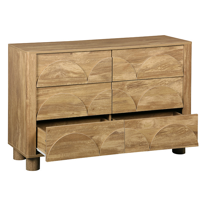 cut out image of arch mango wood 6 drawer chest with bottom drawers open