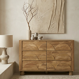 image of mango wood effect six drawer chest with arch pattern on front