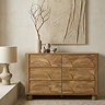 image of mango wood effect six drawer chest with arch pattern on front