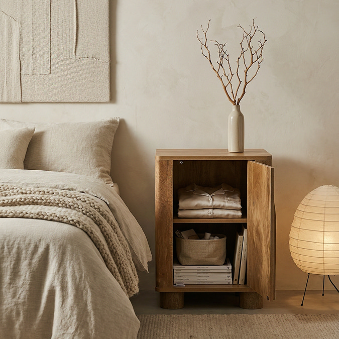 image of mango wood effect bedside table with door open to show storage inside
