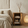 image of mango wood effect bedside table with door open to show storage inside