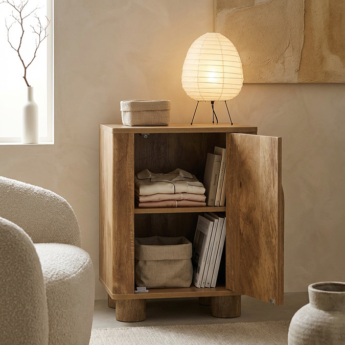 image of mango wood bedside table with door open to show items inside
