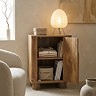 image of mango wood bedside table with door open to show items inside