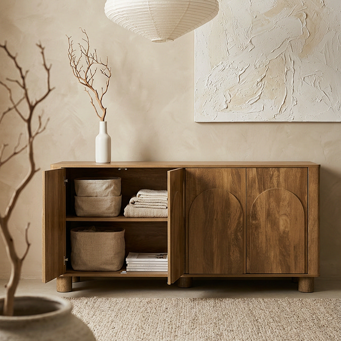 image of mango wood effect sideboard with left doors open to show items stored on shelves within