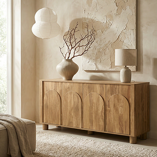 image of four door mango wood effect sideboard with arched doors