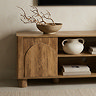 close up image of mango wood effect arched door on tv unit