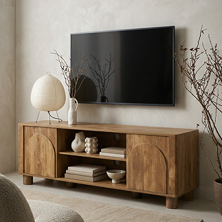 image of mango wood effect tv unit with arch on doors and middle shelf