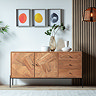 image of 2 door 3 drawer sideboard in acacia wood with black iron handles and legs, against a wall
