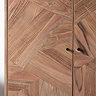 close up image of acacia wood material of drinks cabinet with small black iron handles