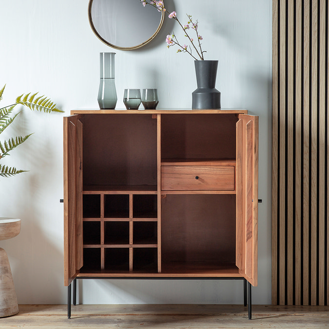 image of acacia wood drinks cabinet with two doors open to show shelves, drawer and compartments within
